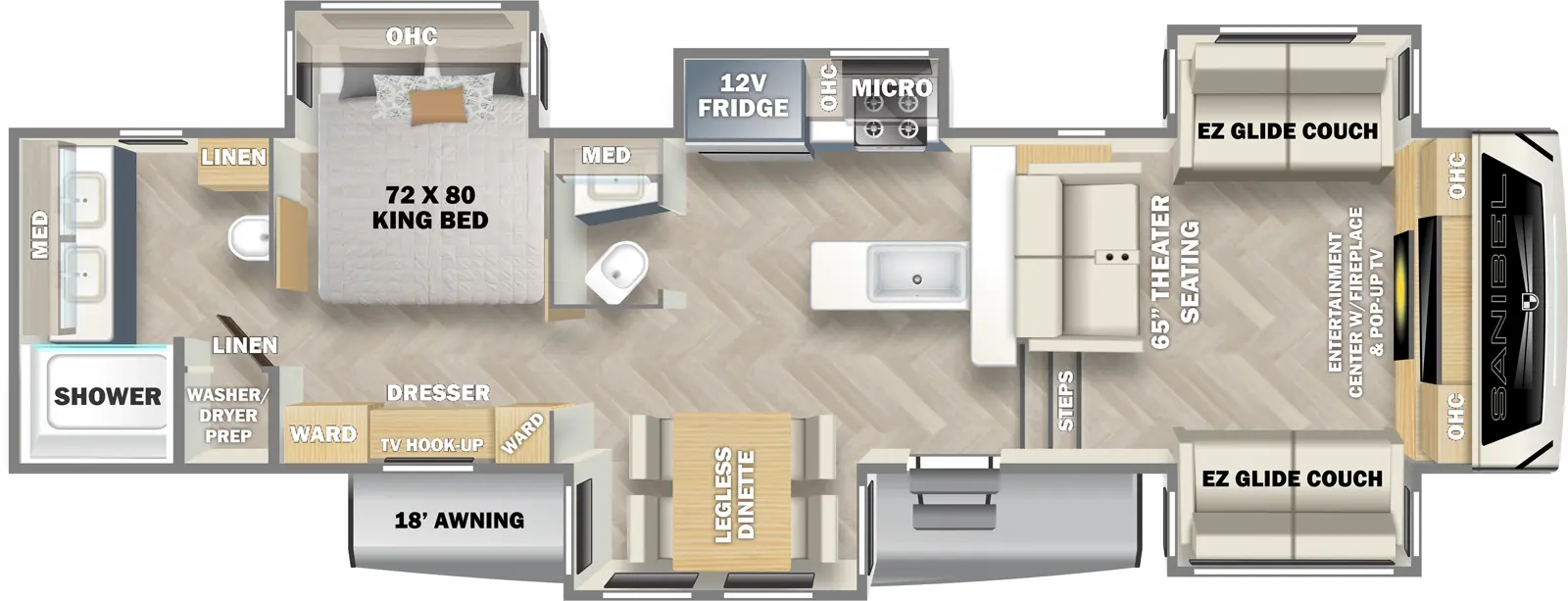 The Sanibel 3802FLWB has one entry and five slide outs. Exterior features include: fiberglass exterior and 18' awning. Interiors features include: front living and rear bathroom.